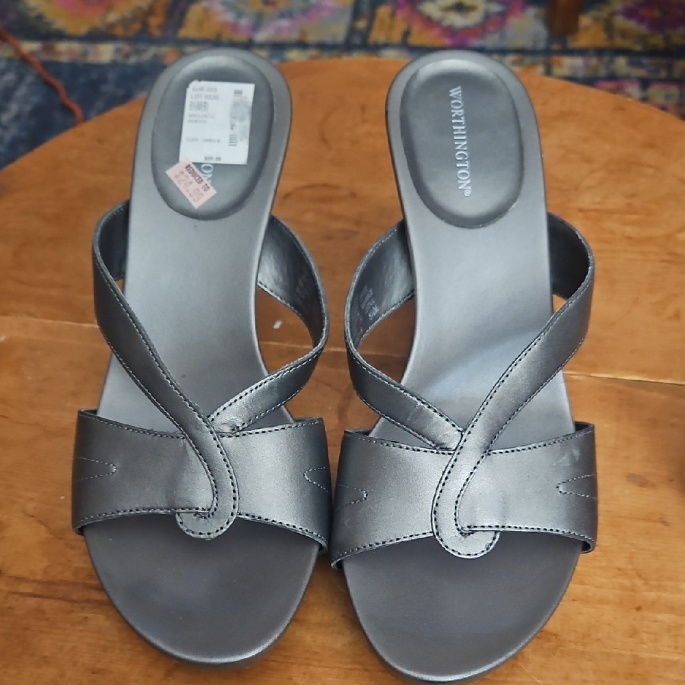 Worthington Women's Silver Metallic Slides Sandals Size 8.5 New 3 Inch Heels